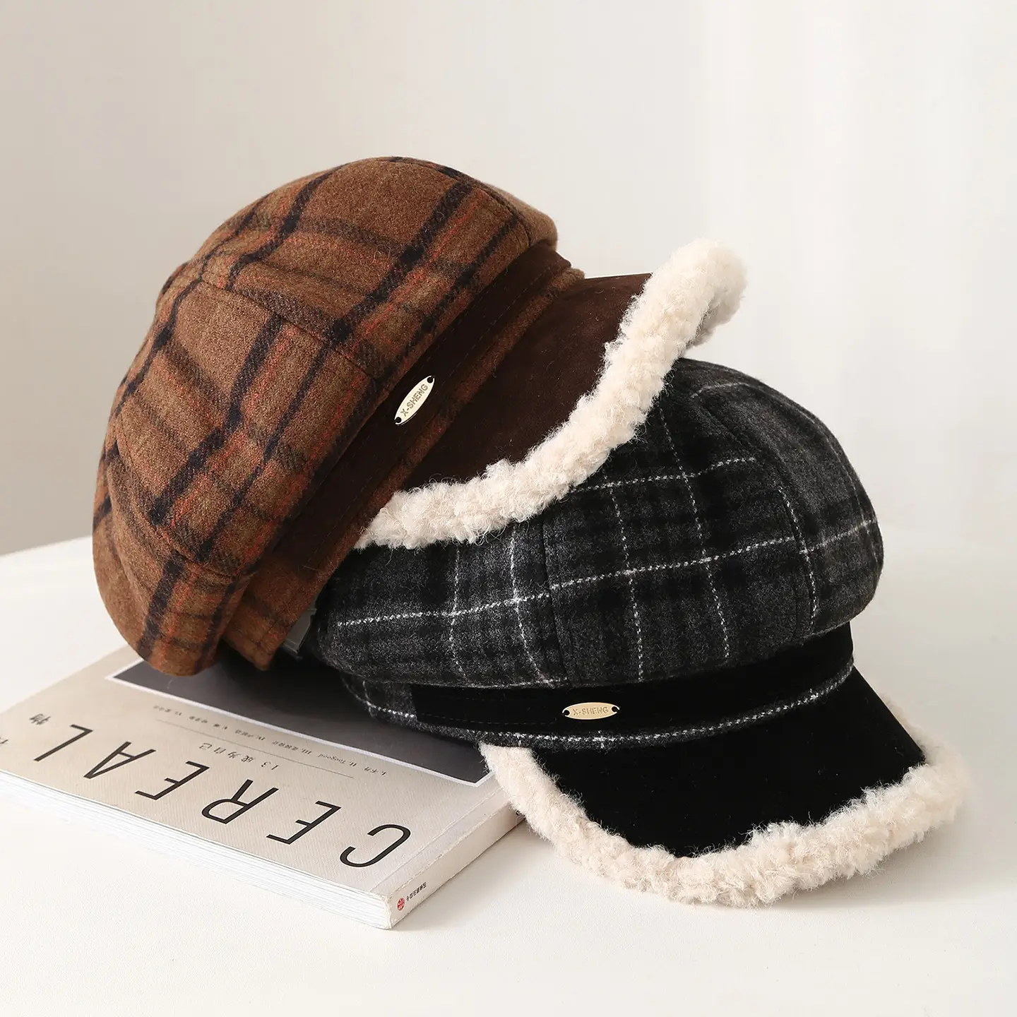 Japanese Plaid Warm Beret for Women Autumn Winter Brown