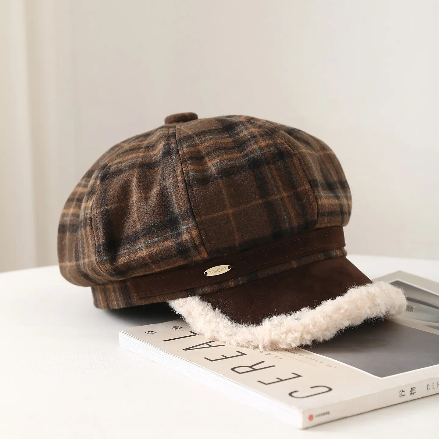 Japanese Plaid Warm Beret for Women Autumn Winter Brown