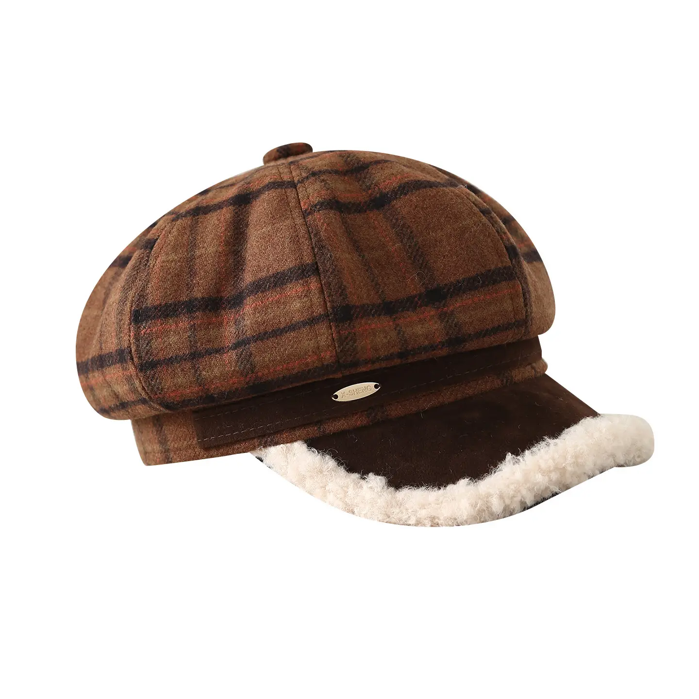 Japanese Plaid Warm Beret for Women Autumn Winter Brown