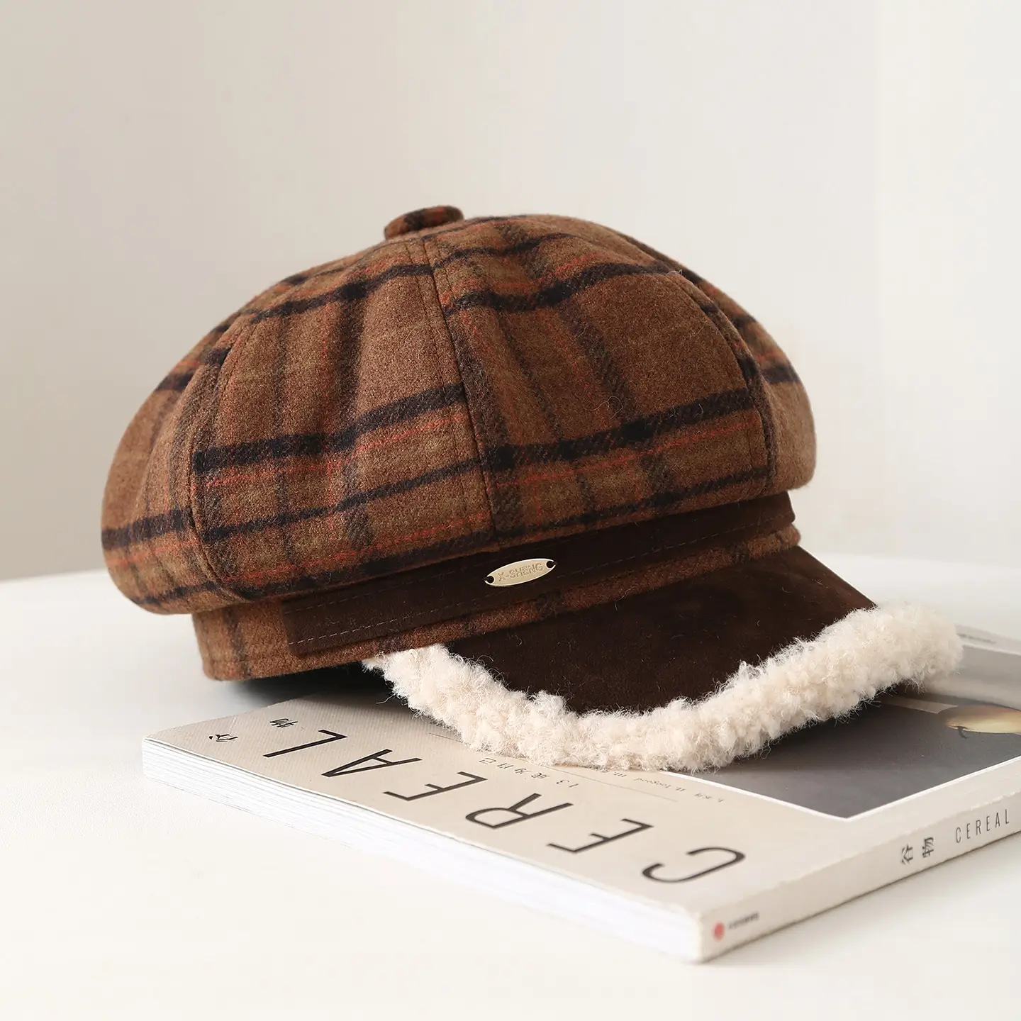 Japanese Plaid Warm Beret for Women Autumn Winter Brown