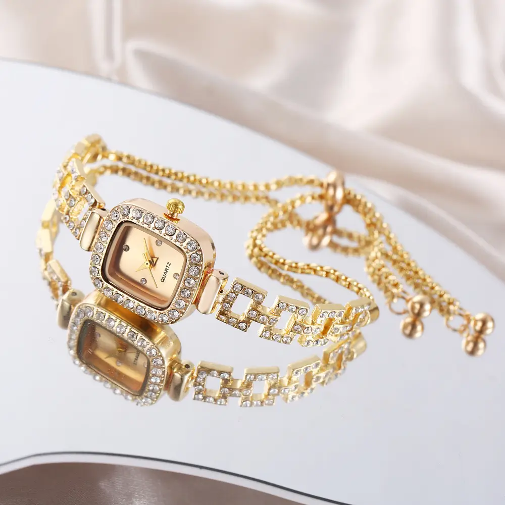 New Diamond-Encrusted Pull-Out Bracelet Watch, Freely Adjustable Niche Gold Quartz Watch, Cross-Border Square Watch, Women's Watch