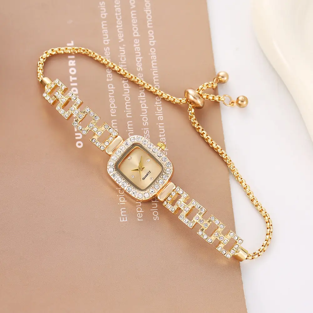 New Diamond-Encrusted Pull-Out Bracelet Watch, Freely Adjustable Niche Gold Quartz Watch, Cross-Border Square Watch, Women's Watch — feature 8