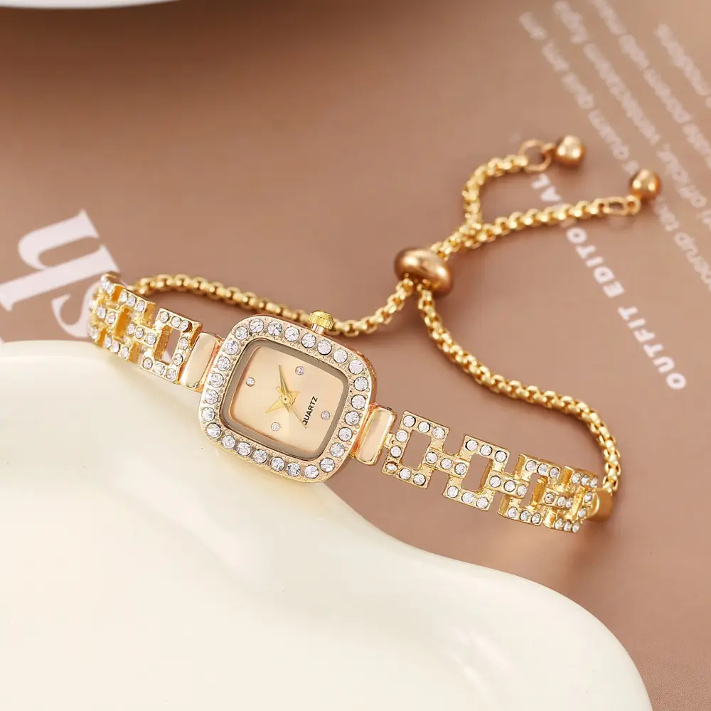 New Diamond-Encrusted Pull-Out Bracelet Watch, Freely Adjustable Niche Gold Quartz Watch, Cross-Border Square Watch, Women's Watch — feature 9