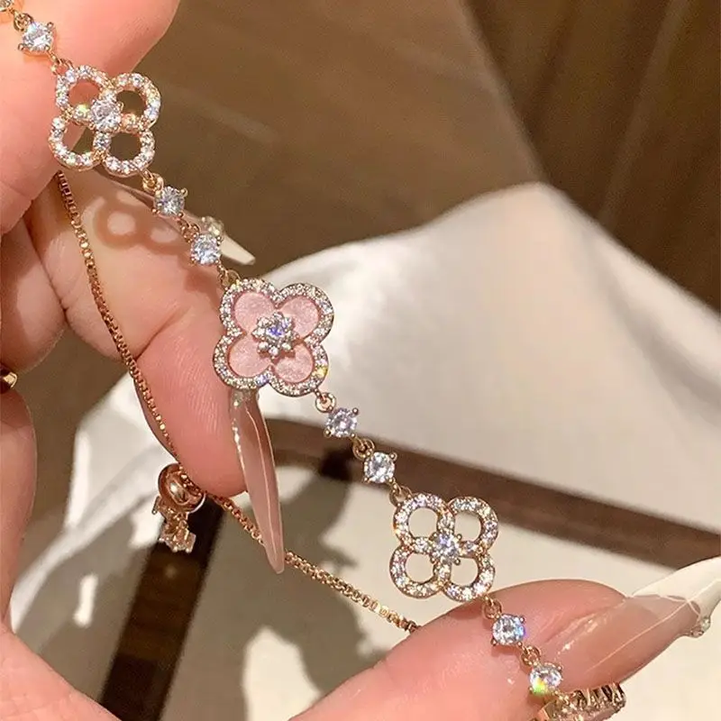Pink Four-Leaf Flower Sparkling Diamond Bracelet for Women - Image 5
