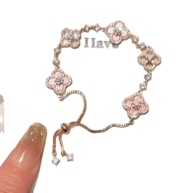 Pink Four-Leaf Flower Sparkling Diamond Bracelet for Women - Image 7