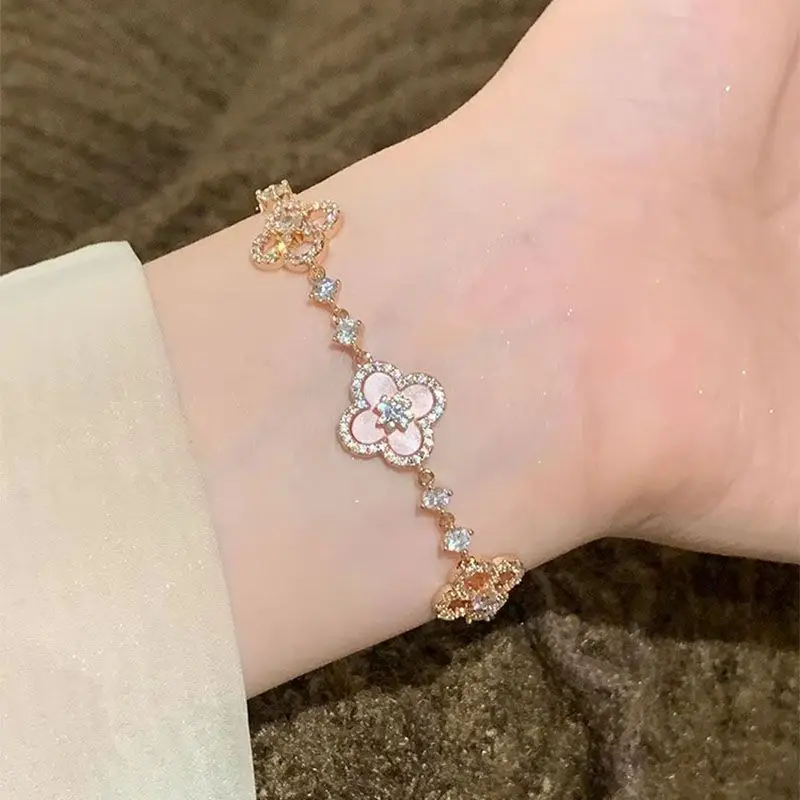 Pink Four-Leaf Flower Sparkling Diamond Bracelet for Women — feature 12