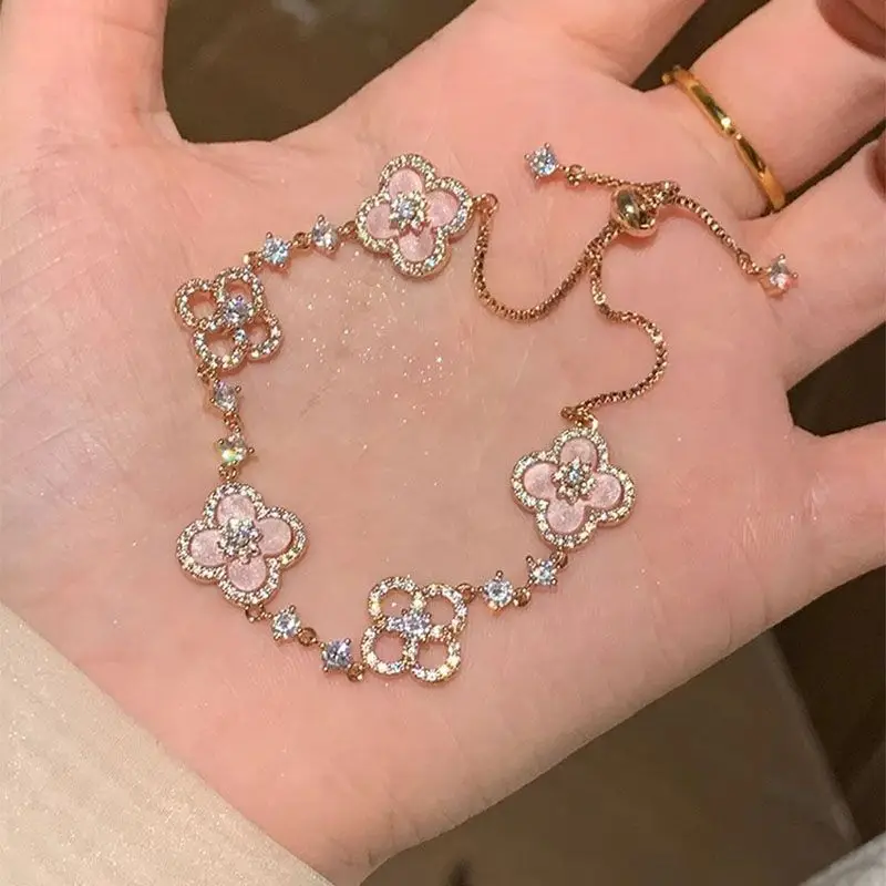 Pink Four-Leaf Flower Sparkling Diamond Bracelet for Women — feature 14