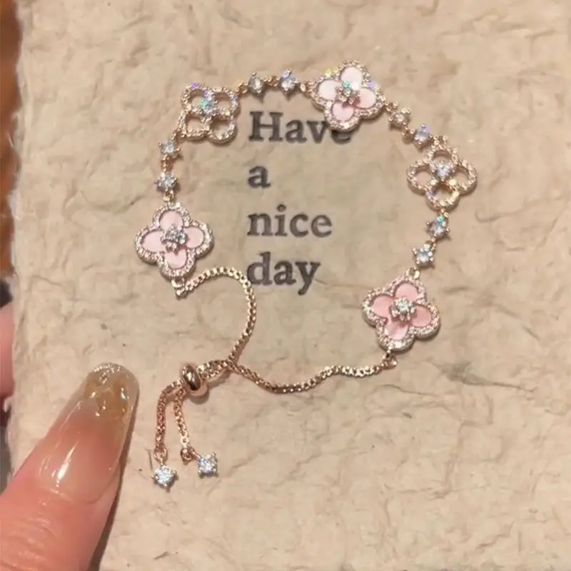 Pink Four-Leaf Flower Sparkling Diamond Bracelet for Women — feature 4