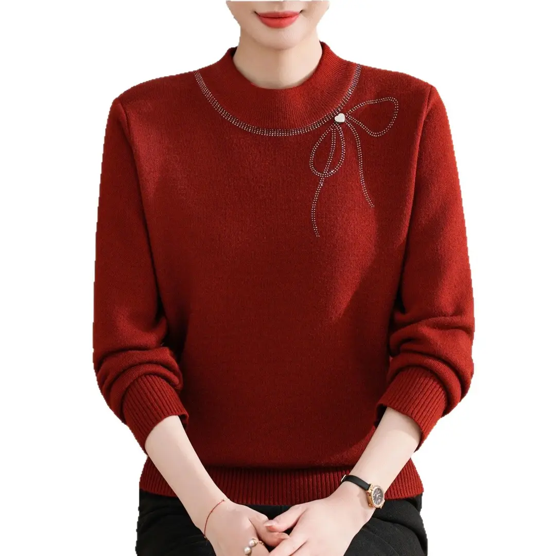 Winter Mom's Outfit with Fleece Sweater, Thickened Women's Knitwear, Integrated Fleece Warm Top, Stylish Mother-In-Law Base Shirt