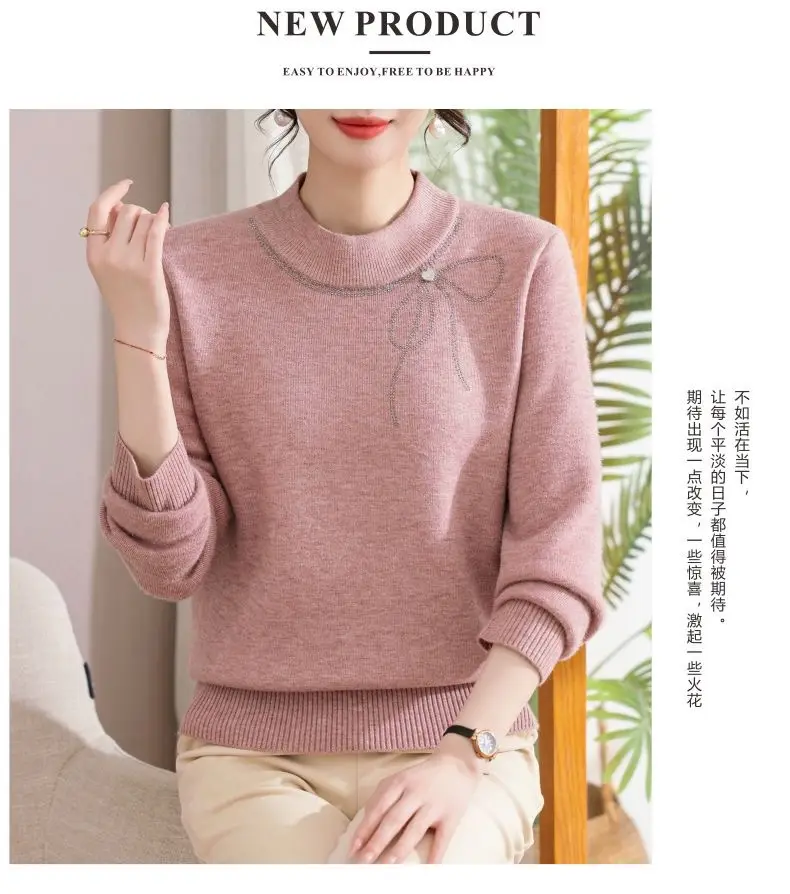 Winter Mom's Outfit with Fleece Sweater, Thickened Women's Knitwear, Integrated Fleece Warm Top, Stylish Mother-In-Law Base Shirt — feature 11