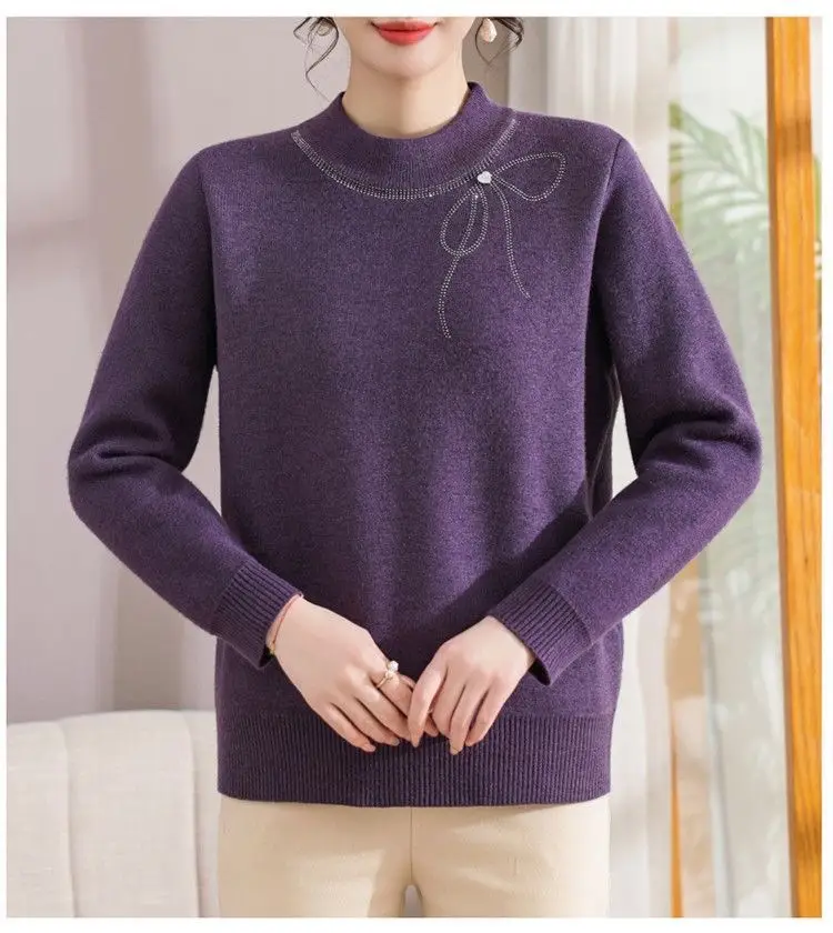 Winter Mom's Outfit with Fleece Sweater, Thickened Women's Knitwear, Integrated Fleece Warm Top, Stylish Mother-In-Law Base Shirt — feature 27