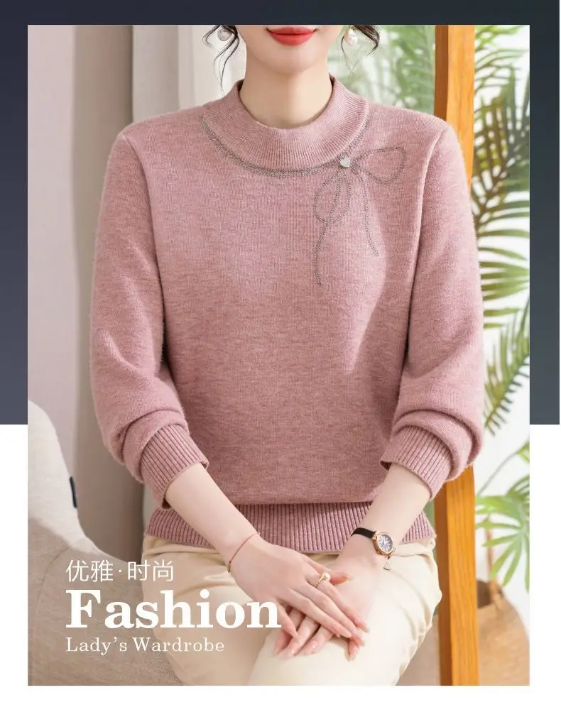 Winter Mom's Outfit with Fleece Sweater, Thickened Women's Knitwear, Integrated Fleece Warm Top, Stylish Mother-In-Law Base Shirt — feature 3