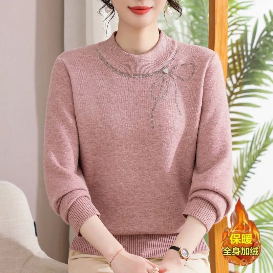Winter Mom's Outfit with Fleece Sweater, Thickened Women's Knitwear, Integrated Fleece Warm Top, Stylish Mother-In-Law Base Shirt — feature 30