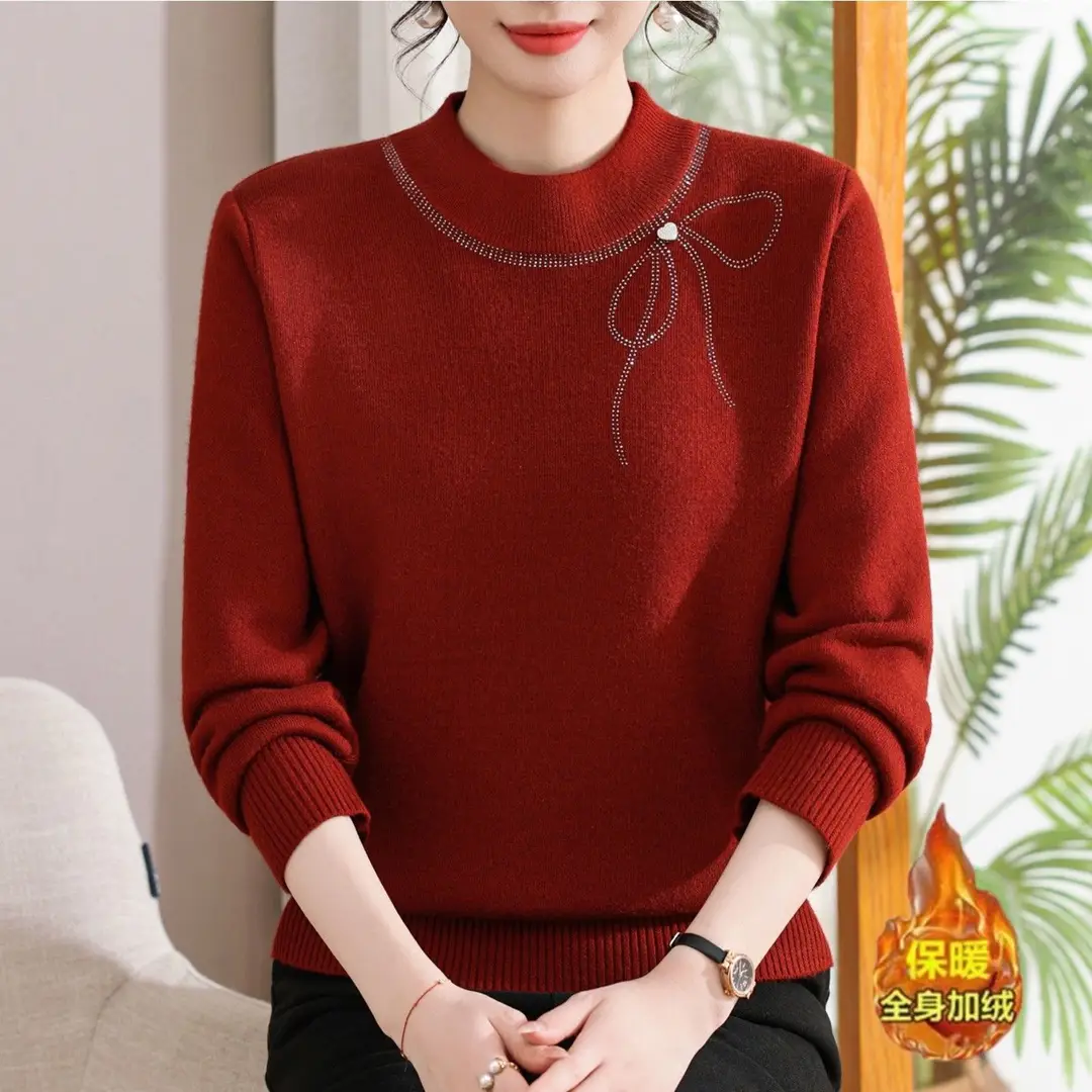 Winter Mom's Outfit with Fleece Sweater, Thickened Women's Knitwear, Integrated Fleece Warm Top, Stylish Mother-In-Law Base Shirt — feature 33