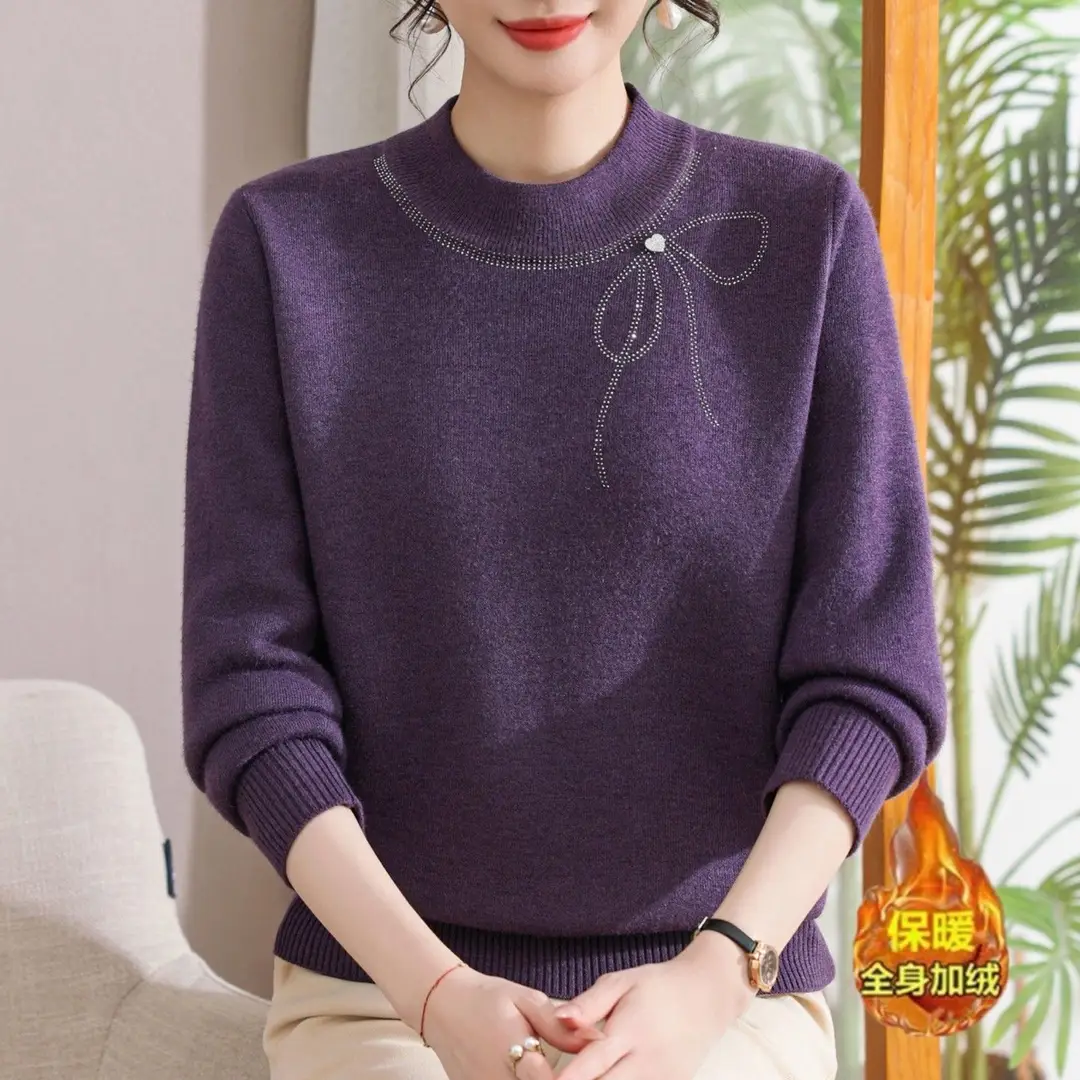 Winter Mom's Outfit with Fleece Sweater, Thickened Women's Knitwear, Integrated Fleece Warm Top, Stylish Mother-In-Law Base Shirt — feature 34
