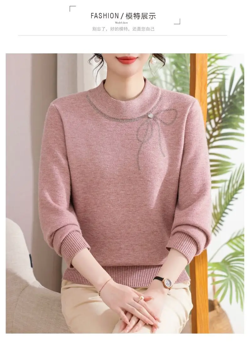 Winter Mom's Outfit with Fleece Sweater, Thickened Women's Knitwear, Integrated Fleece Warm Top, Stylish Mother-In-Law Base Shirt — feature 8