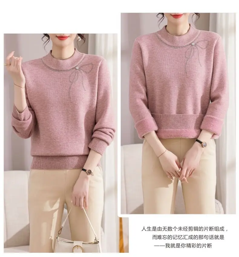 Winter Mom's Outfit with Fleece Sweater, Thickened Women's Knitwear, Integrated Fleece Warm Top, Stylish Mother-In-Law Base Shirt — feature 9