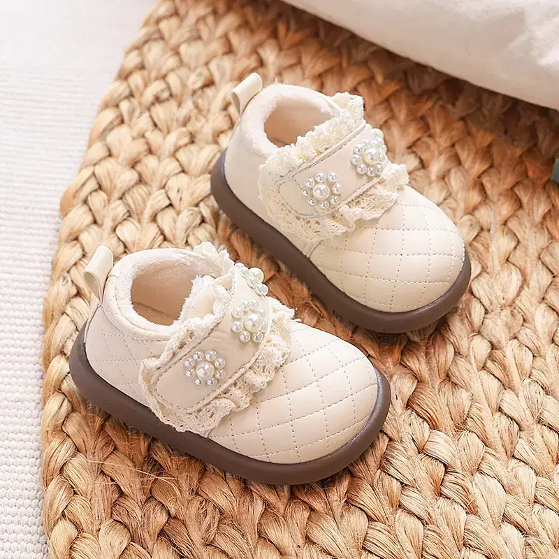 Baby Princess Fleece Lined Toddler Shoes Cream Winter Style