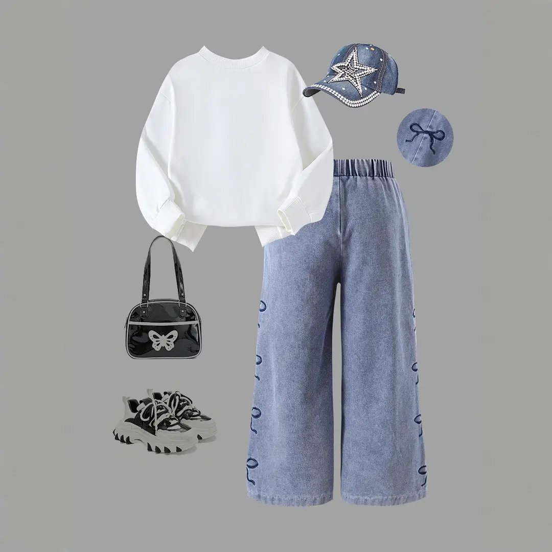 Amazon Specializes in European and American Spring & Fall Trendy Girls' Suits for Small and Medium-Sized Kidsren with Bow Long Sleeves + Denim Pants