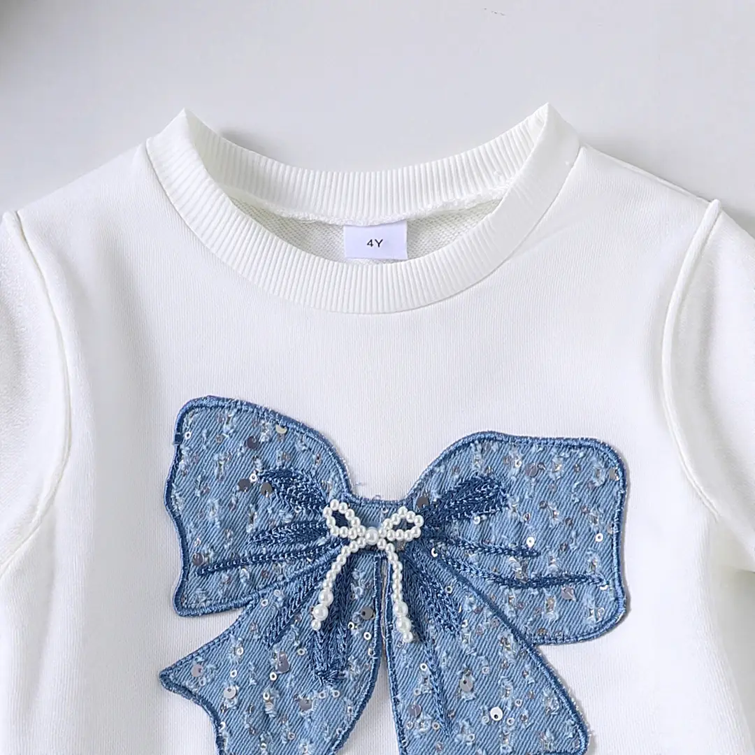 Amazon Specializes in European and American Spring & Fall Trendy Girls' Suits for Small and Medium-Sized Kidsren with Bow Long Sleeves + Denim Pants