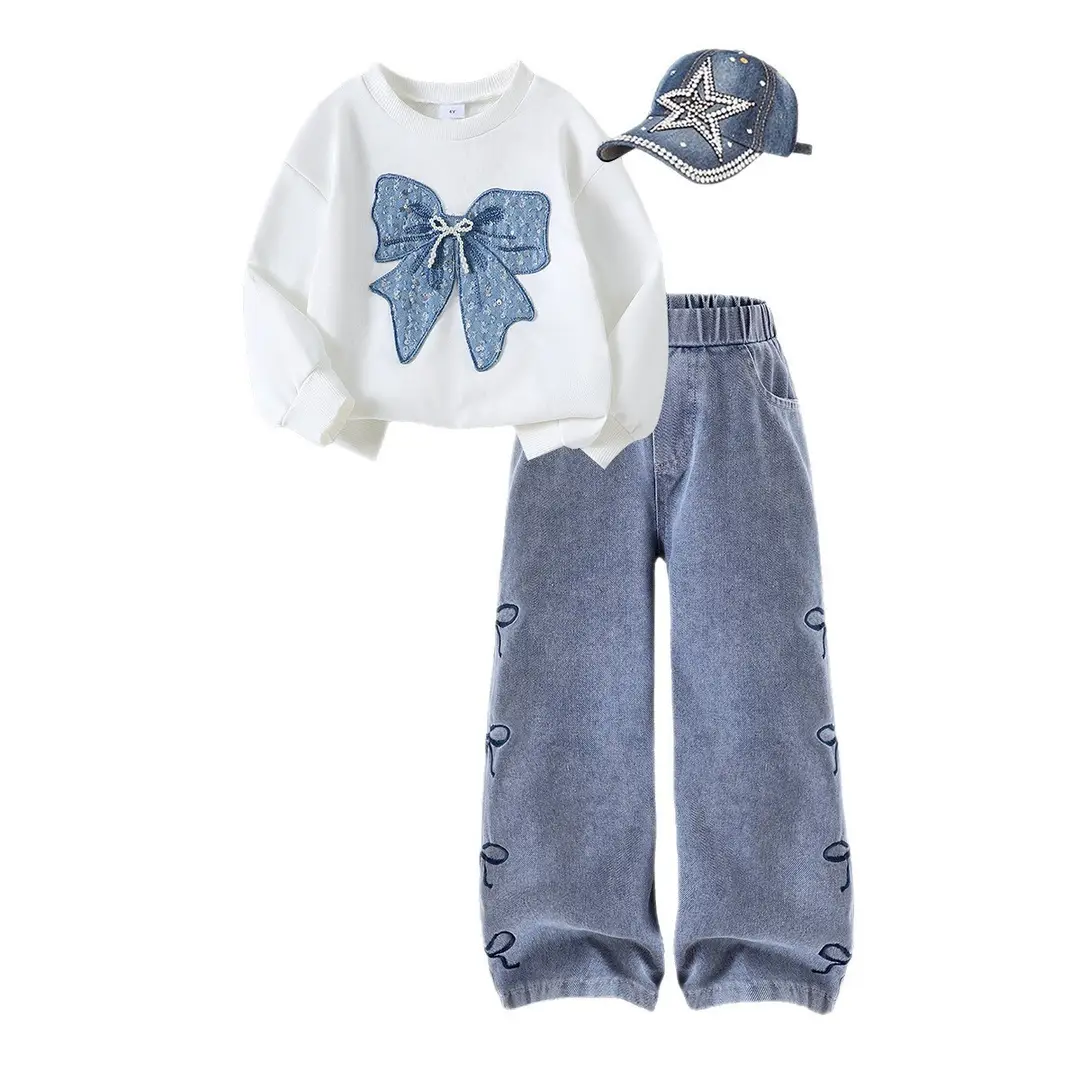Amazon Specializes in European and American Spring & Fall Trendy Girls' Suits for Small and Medium-Sized Kidsren with Bow Long Sleeves + Denim Pants