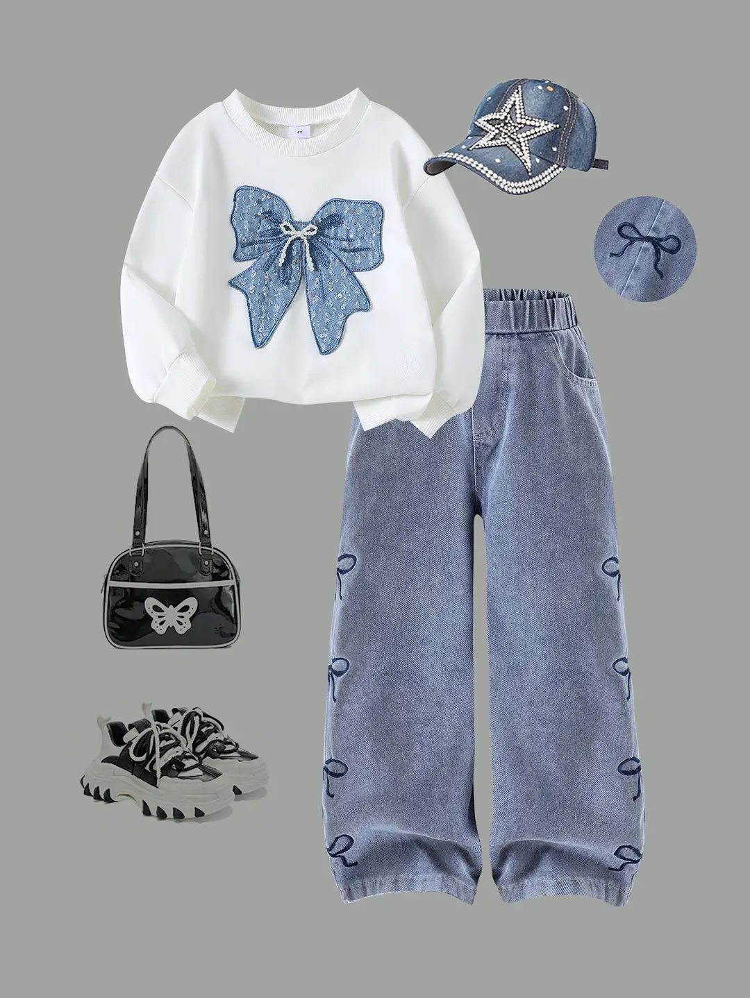 Amazon Specializes in European and American Spring & Fall Trendy Girls' Suits for Small and Medium-Sized Kidsren with Bow Long Sleeves + Denim Pants — feature 2