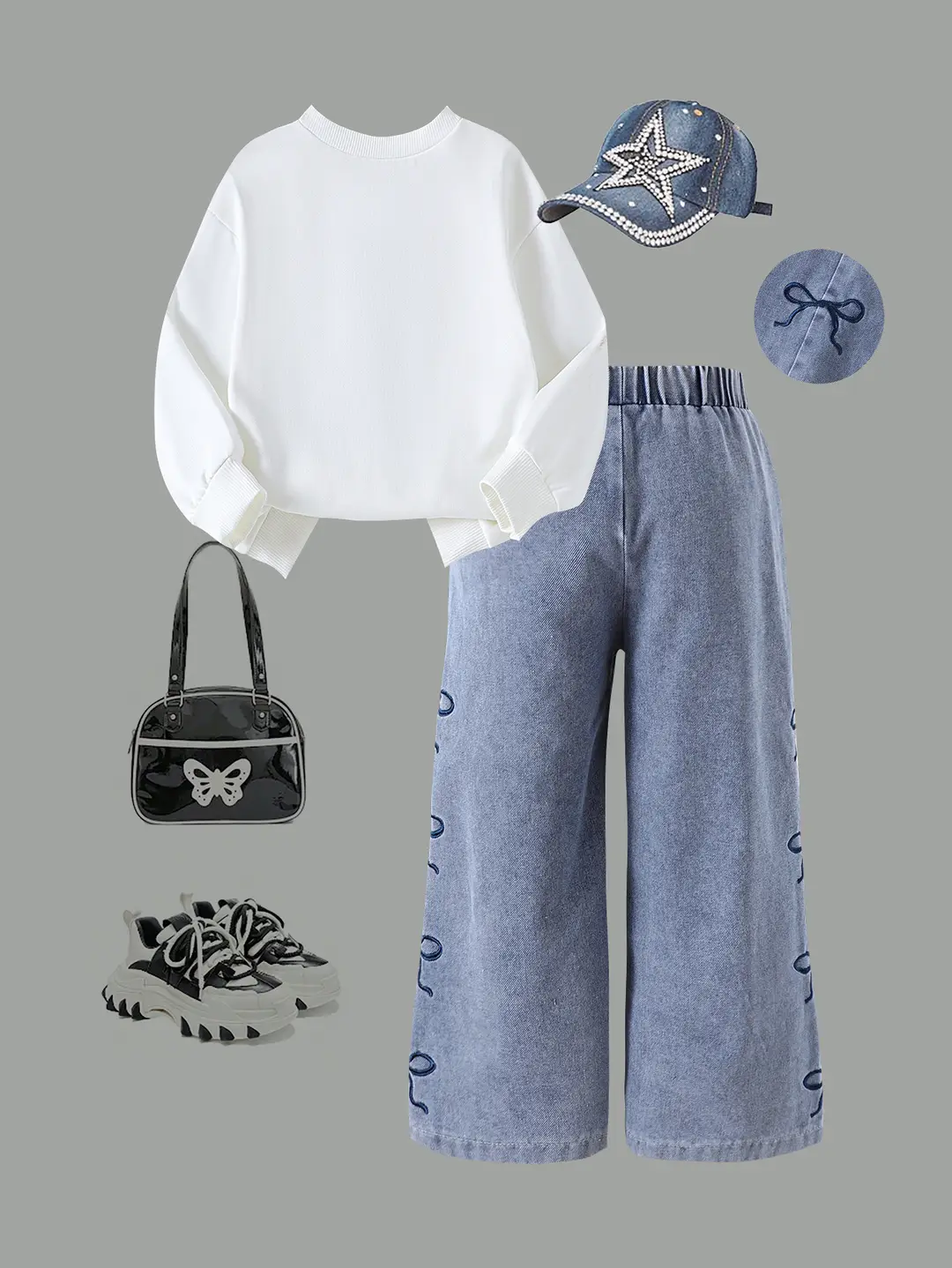Amazon Specializes in European and American Spring & Fall Trendy Girls' Suits for Small and Medium-Sized Kidsren with Bow Long Sleeves + Denim Pants — feature 3