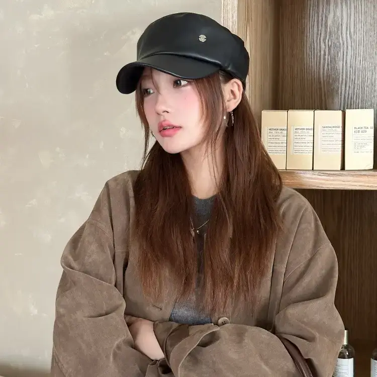 Brown Wool Cap for Women, British Style, Flat Top, Octagonal Design