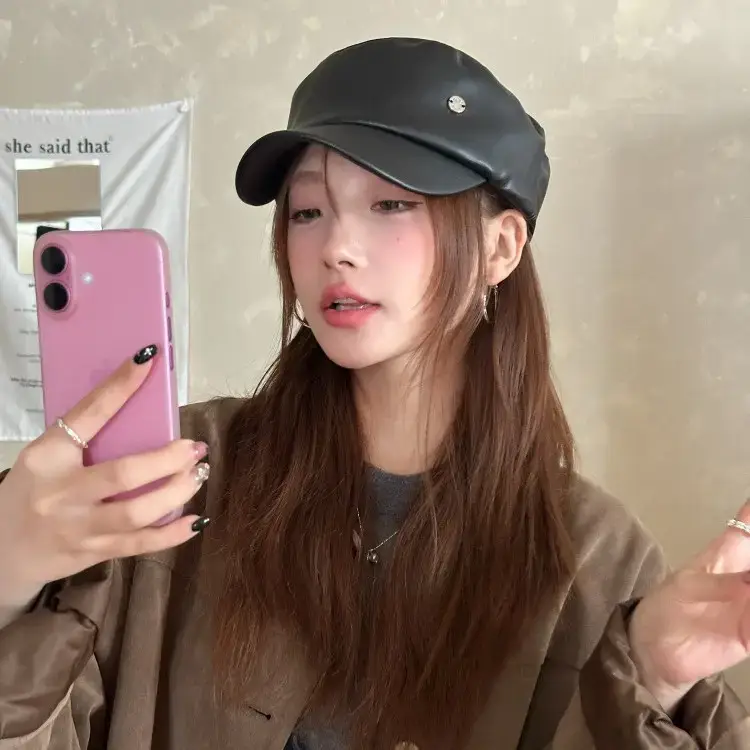 Brown Wool Cap for Women, British Style, Flat Top, Octagonal Design