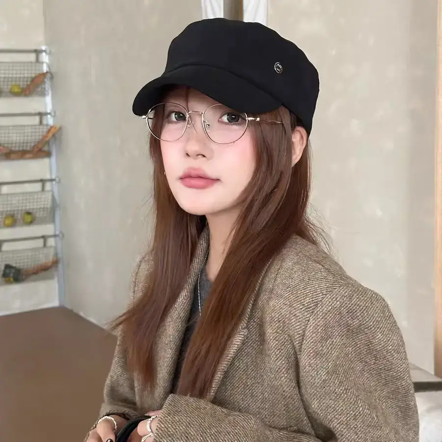 Brown Wool Cap for Women, British Style, Flat Top, Octagonal Design