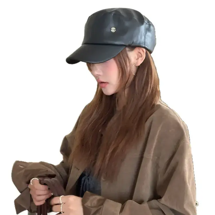 Brown Wool Cap for Women, British Style, Flat Top, Octagonal Design