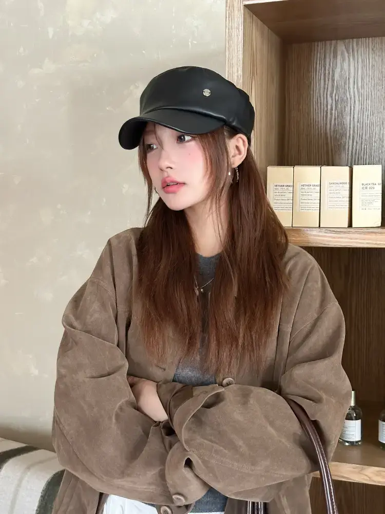 Brown Wool Cap for Women, British Style, Flat Top, Octagonal Design — feature 1