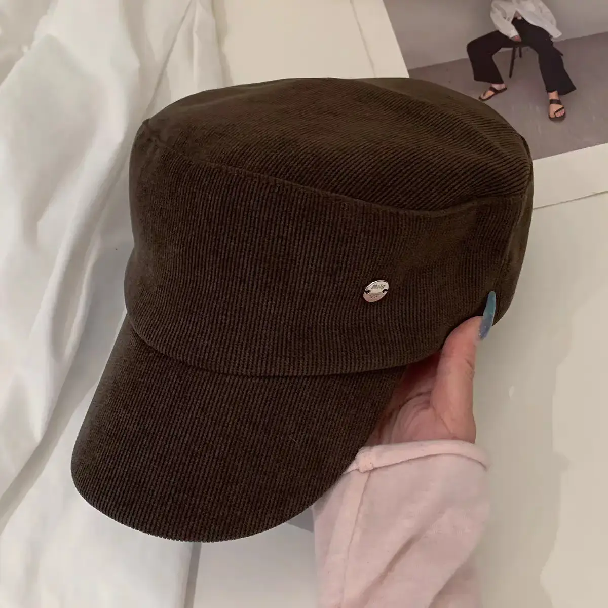 Brown Wool Cap for Women, British Style, Flat Top, Octagonal Design