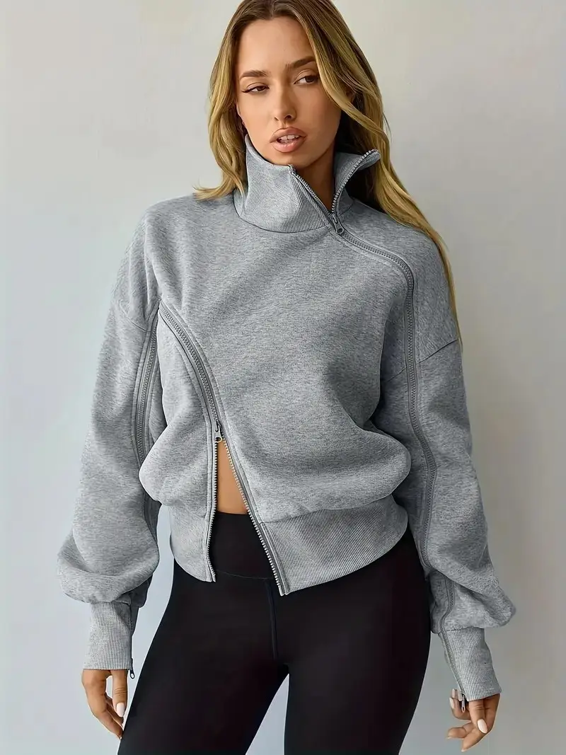Women's Grey Loose Fit High-Neck Sweatshirt Jacket