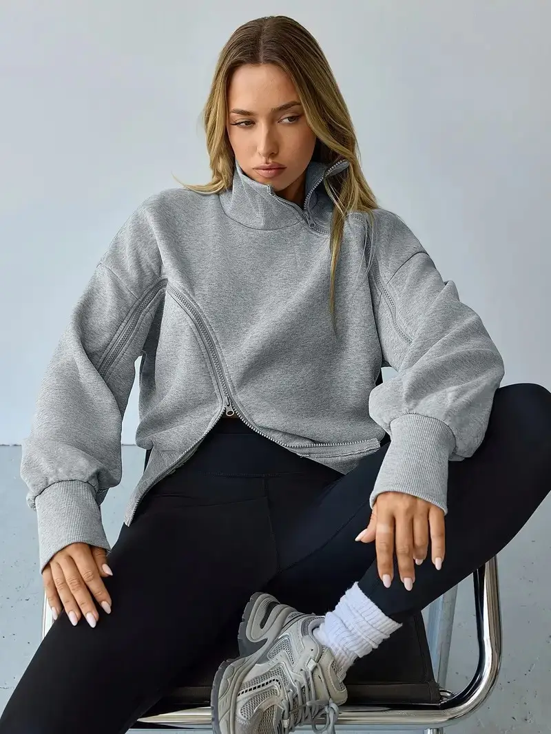 Women's Grey Loose Fit High-Neck Sweatshirt Jacket — feature 11