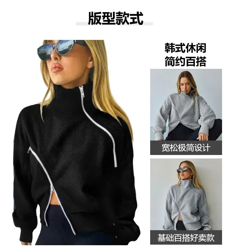 Women's Grey Loose Fit High-Neck Sweatshirt Jacket — feature 5