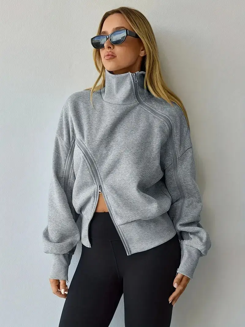 Women's Grey Loose Fit High-Neck Sweatshirt Jacket — feature 6