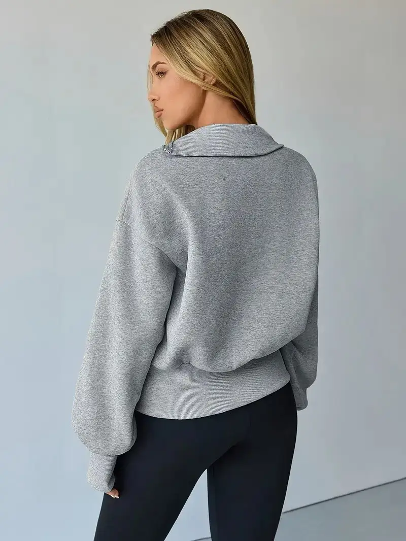 Women's Grey Loose Fit High-Neck Sweatshirt Jacket — feature 7
