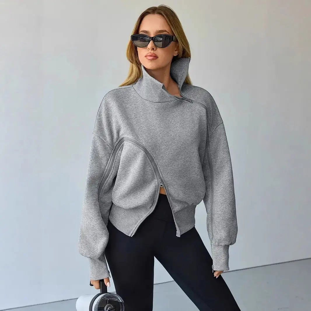 Women's Grey Loose Fit High-Neck Sweatshirt Jacket — feature 8