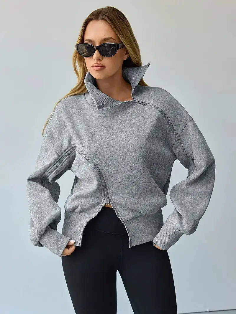Women's Grey Loose Fit High-Neck Sweatshirt Jacket — feature 9