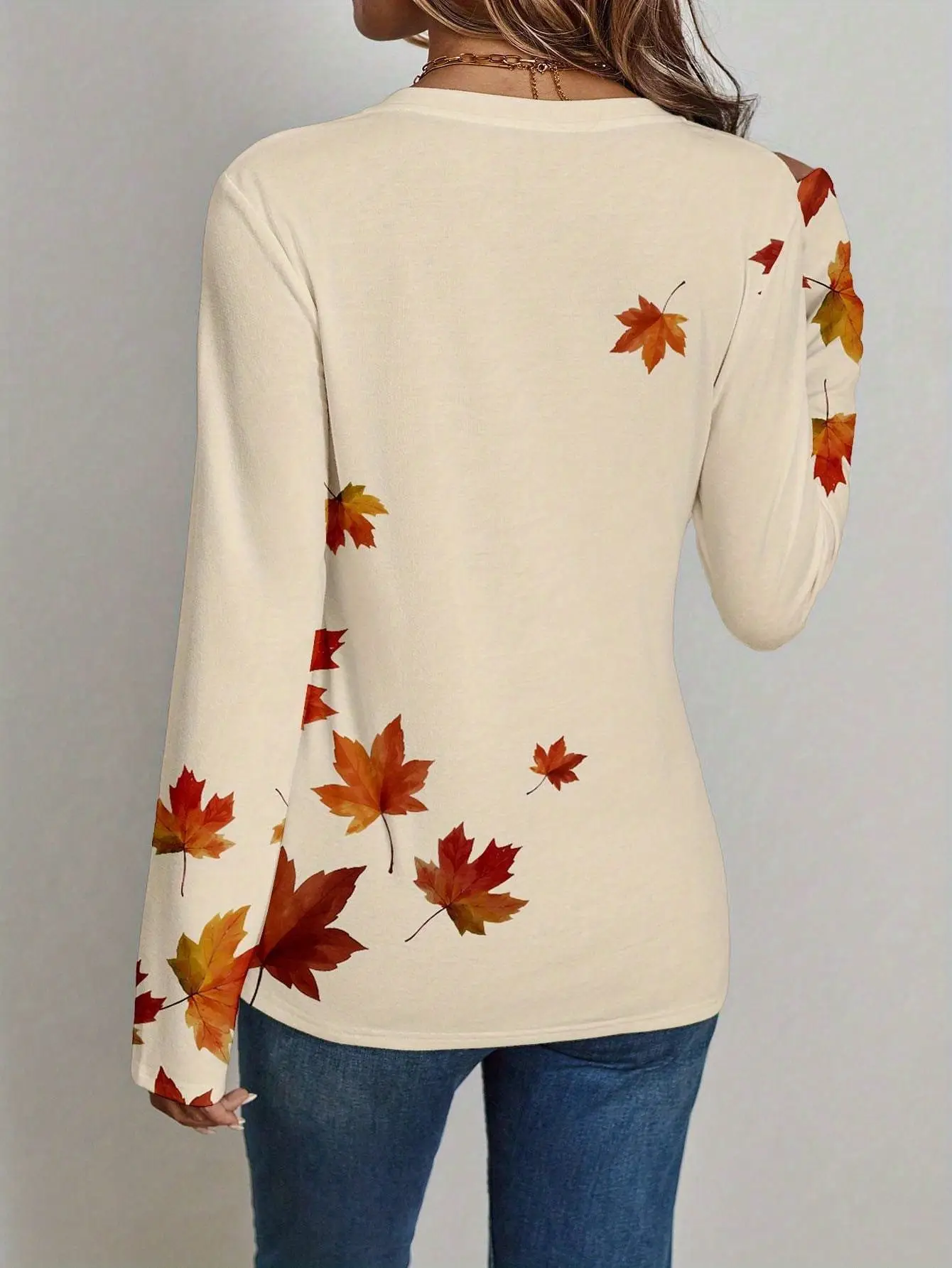 Long Sleeve V-Neck T-Shirt Maple Leaf Print — feature 5