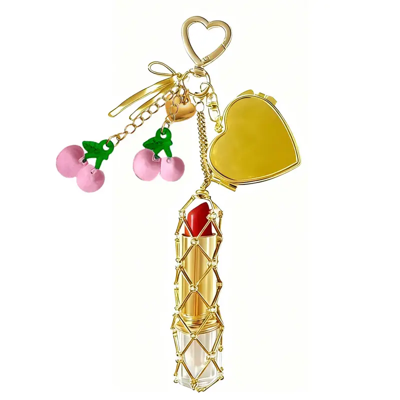 Gold Stainless Steel Cherry Lipstick Mesh Bag Pendant - Image 14