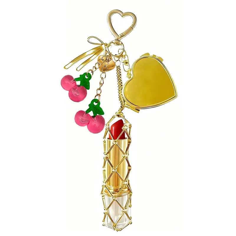 Gold Stainless Steel Cherry Lipstick Mesh Bag Pendant - Image 15