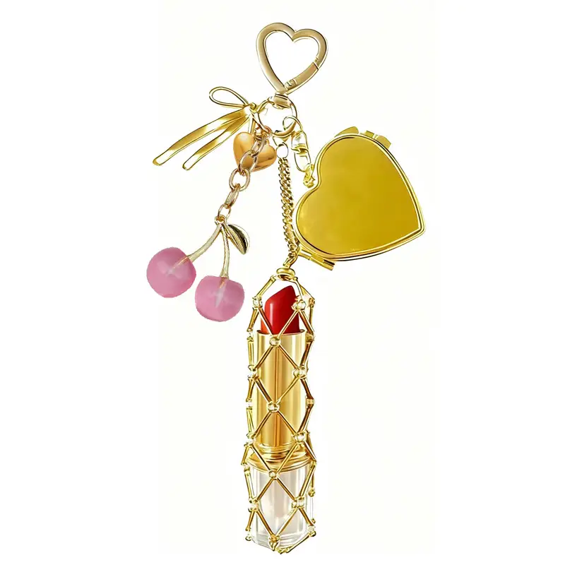 Gold Stainless Steel Cherry Lipstick Mesh Bag Pendant - Image 2