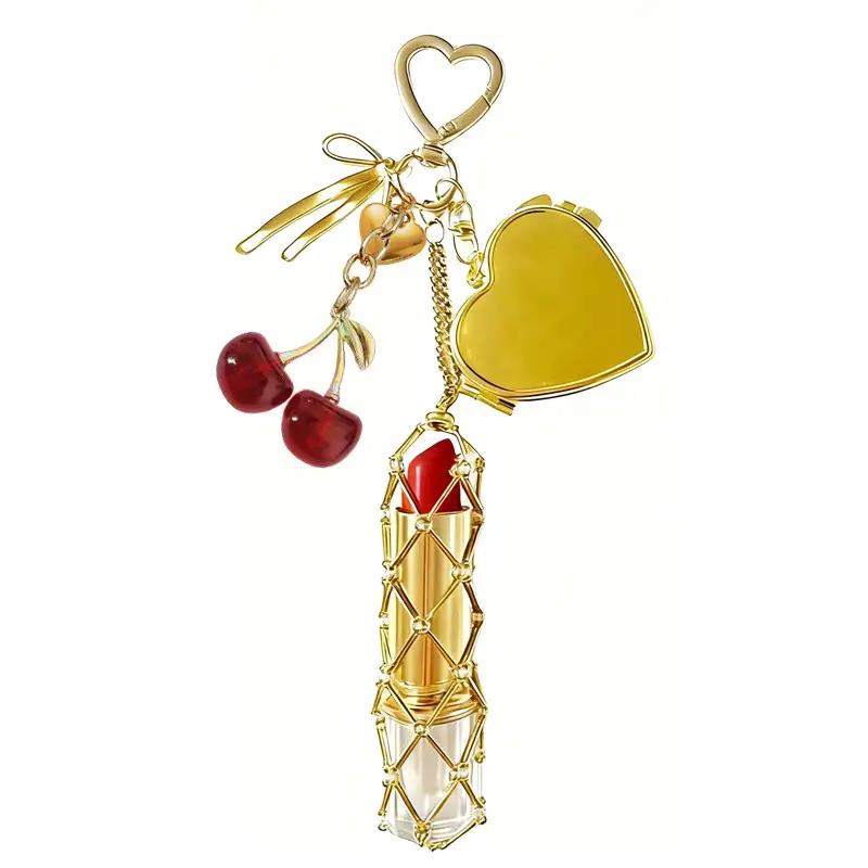 Gold Stainless Steel Cherry Lipstick Mesh Bag Pendant - Image 5
