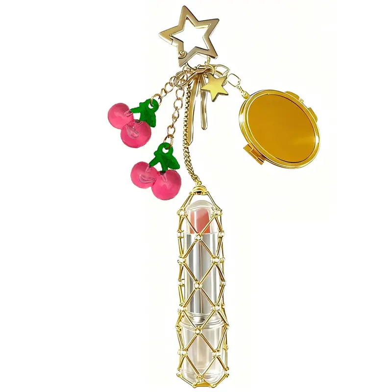 Gold Stainless Steel Cherry Lipstick Mesh Bag Pendant - Image 6