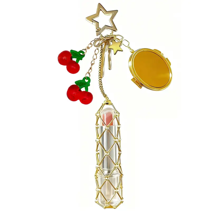 Gold Stainless Steel Cherry Lipstick Mesh Bag Pendant - Image 7