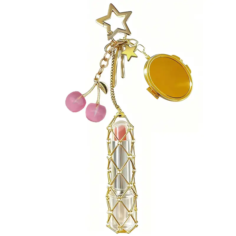Gold Stainless Steel Cherry Lipstick Mesh Bag Pendant - Image 8