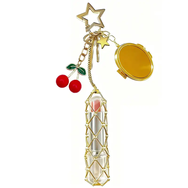 Gold Stainless Steel Cherry Lipstick Mesh Bag Pendant - Image 9