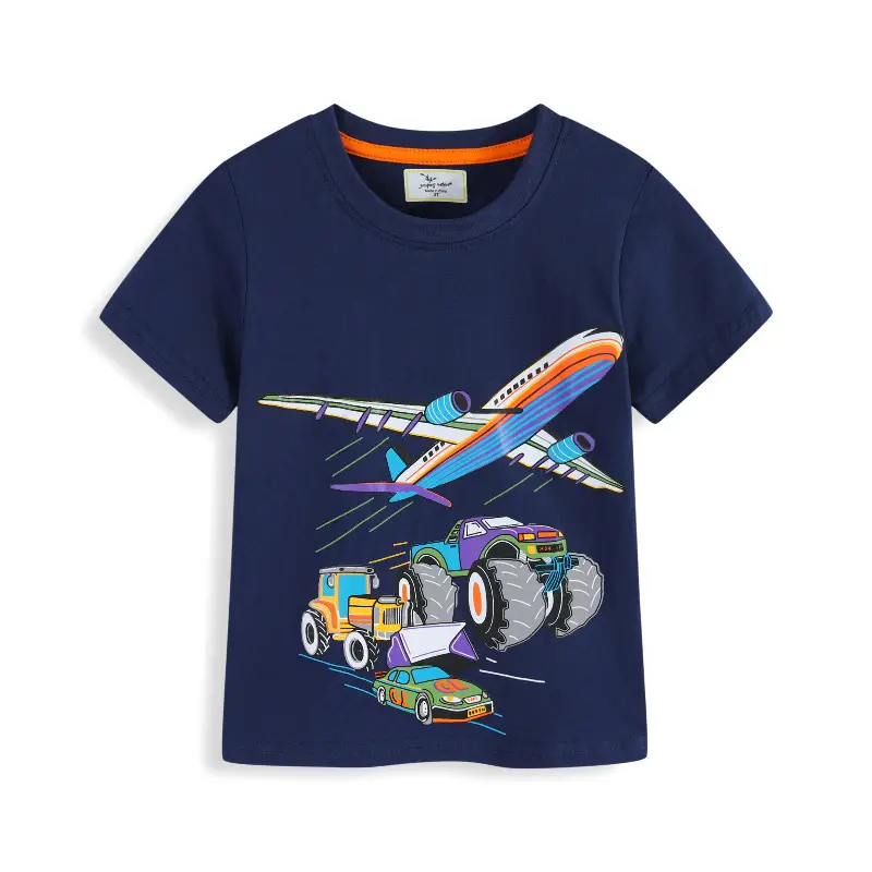 Navy Blue Cartoon T-Shirt for Boys Round Neck Short Sleeve